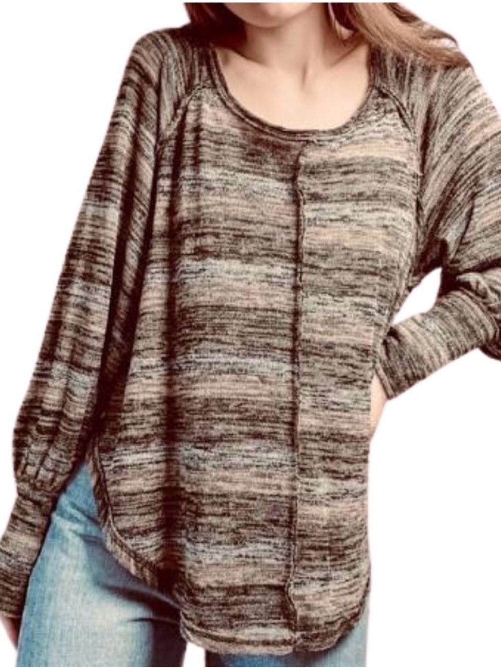 Free People Oversize Slouchy Lightweight Rust Brown Striped Pullover Sweater L